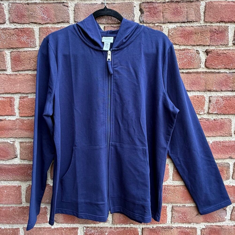 Chico's Weekends Full Zip Hoodie Blue Lounge Travel Athleisure Sz 2 L NEW